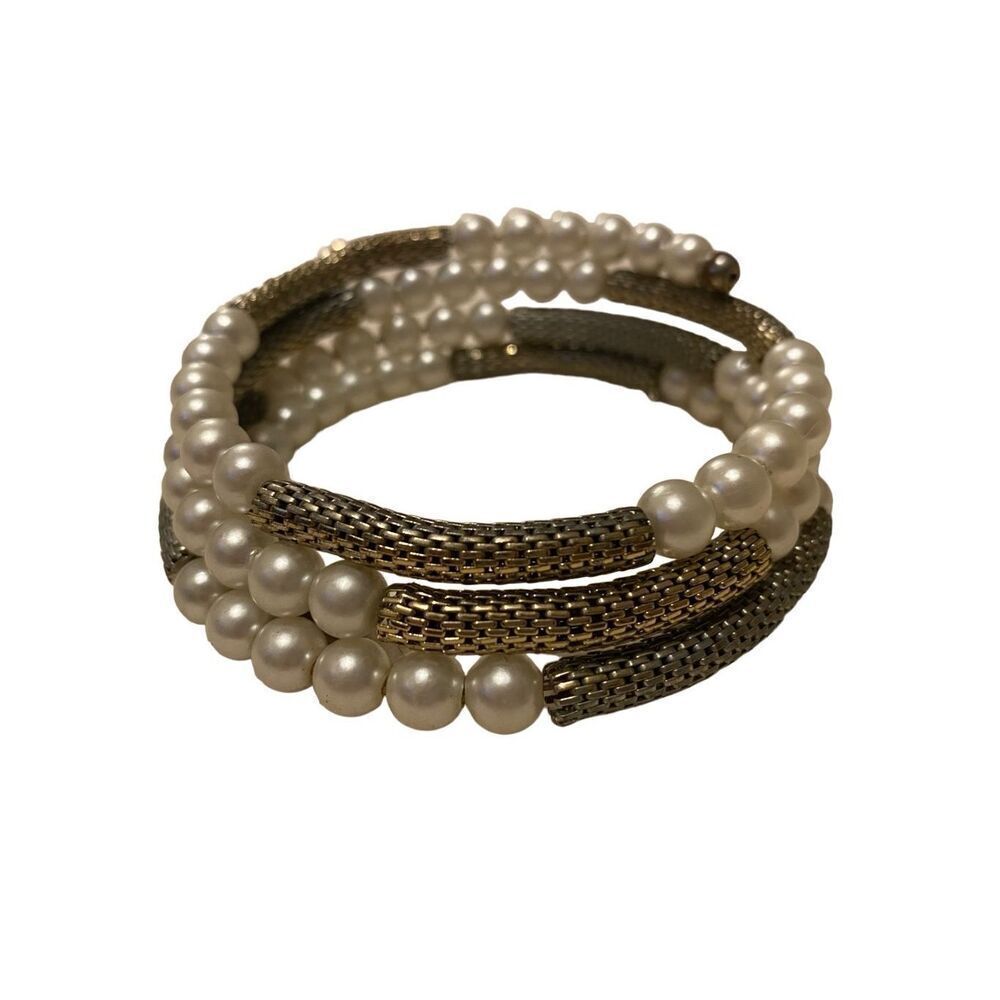 Vintage Bracelet Gold Tone White Faux Pearl Beads Wrap Cuff